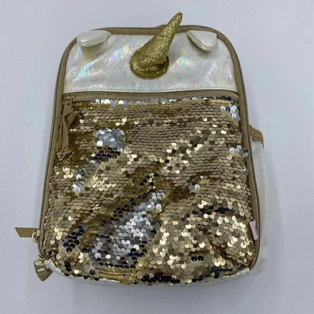 Kids Girls More Than Magic Golden Sequin Unicorn Lunch Upright Zippered Bag EUC
